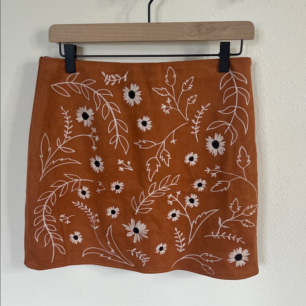 NWT Blue Rain Floral Embroidered Orange Suede Skirt